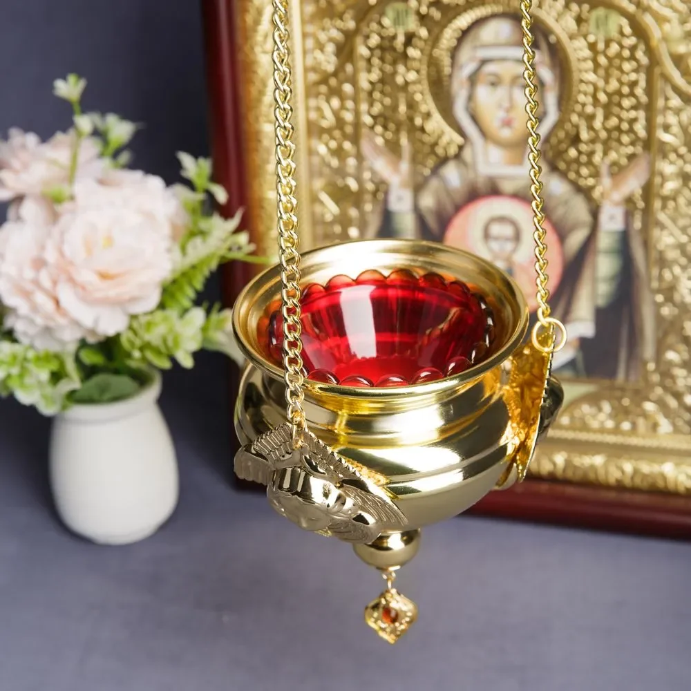 New Church Vigil Oil Lamp with Chain Zinc Alloy Hanging Oil Lamp Red Glass Cup Wick Stand Family Prayer Corner Ornament Box Gift