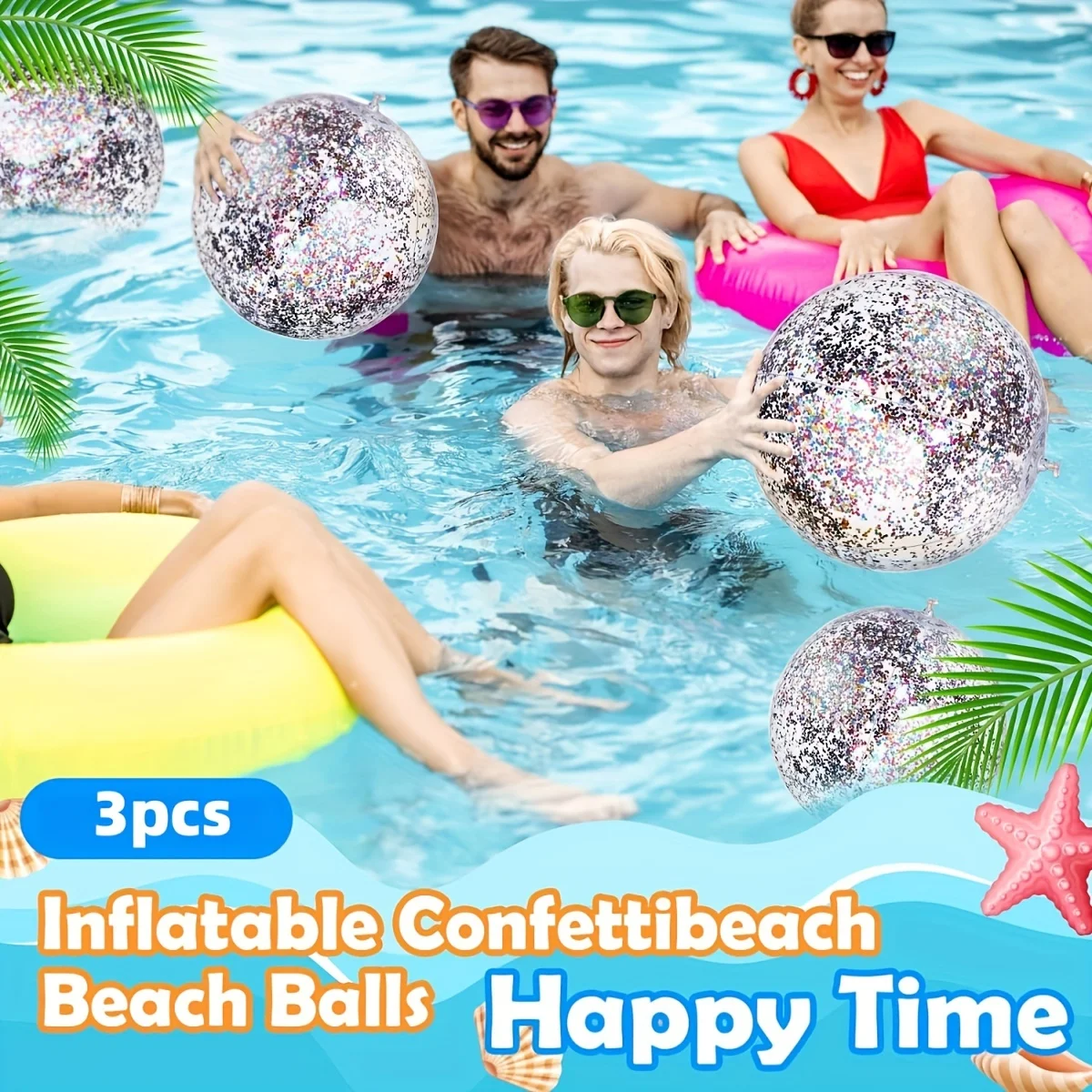 3pcs Glitter Inflatable Beach Ball, 40cm/16inch Transparent Ball, Suitable For Summer Seaside, Pool Party Decorations, Summer