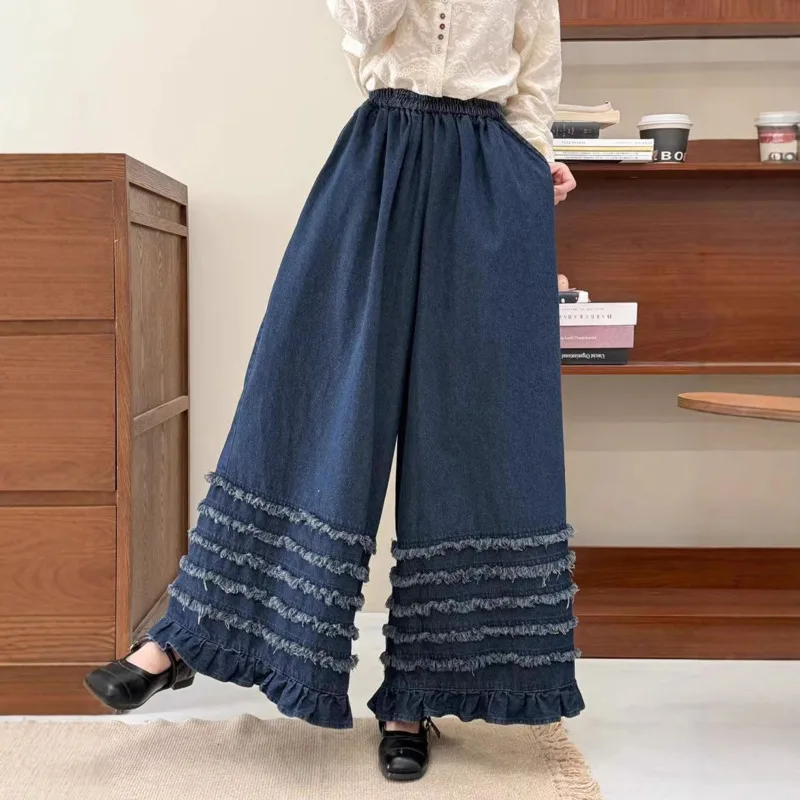 ANJY Spring Autumn New Women Patchwork Fungus Design Jeans Loose Sweet Youthful Elastic Waist Wide-leg Casual Denim Pants A25515