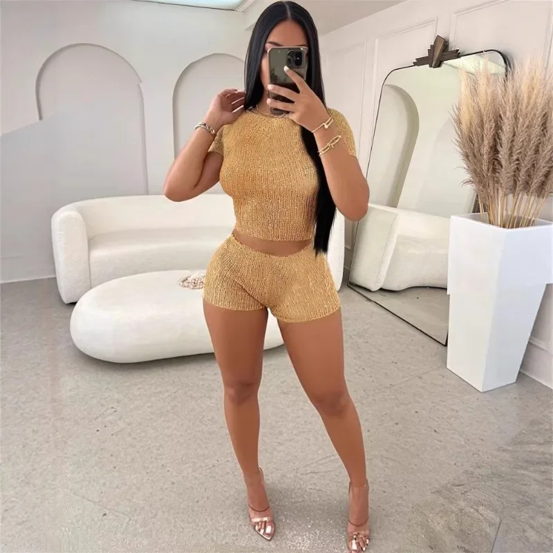 

Glitter Sequins Knitted 2 Piece Set Women O-neck Short Sleeve Crop Tops + Shorts 2025 Summer Vacation Beachwear Suits Streetwear