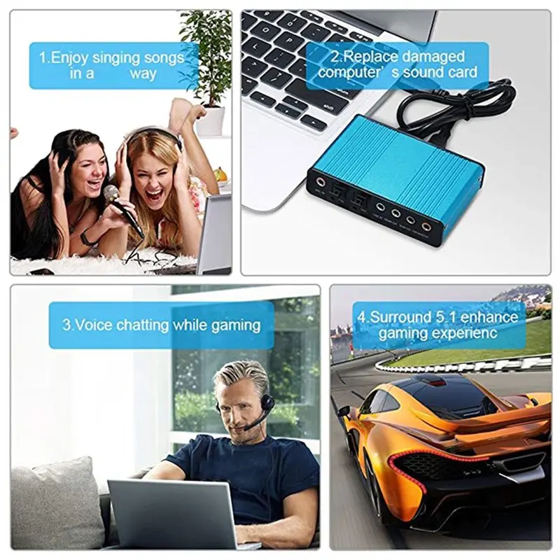 USB2.0 6 Channel 5.1 External Usb Sound Card Surround Adapter For PC Laptop Audio Card Optical S/PDIF Blue