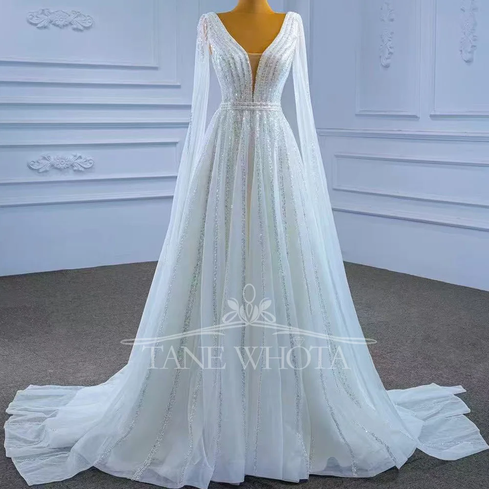 V넥 롱 슬리브 레이스업 백 시퀸 웨딩드레스 2025 스타일 섹시 브라이덜 가운 맞춤 제작 가능 베스티도 노비아