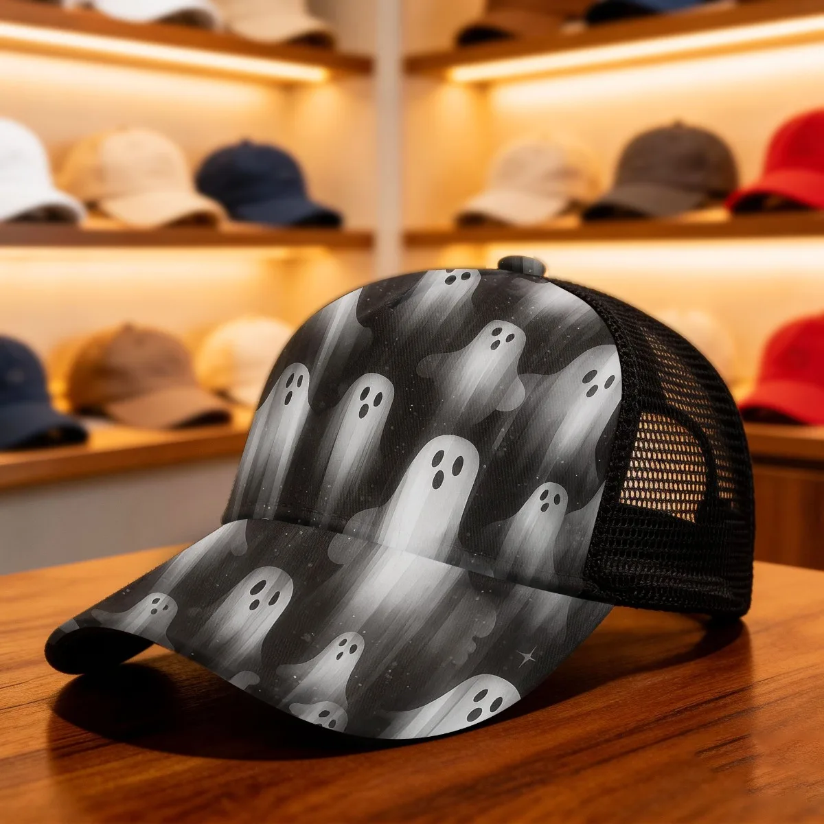1pc Floating Ghosts Pattern Classic Baseball Cap Mesh Cap Fitted Closure Four Seasons Suitable for Men Women Ideal for Weekend