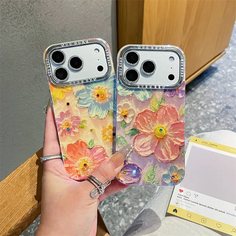 Luxus Ölgemälde Blumen Tropfen Kleber Telefon Fall Für iPhone 11 12 13 14 15 16 Air 17 Pro max Glitter Objektiv Film Stoßfest Abdeckung