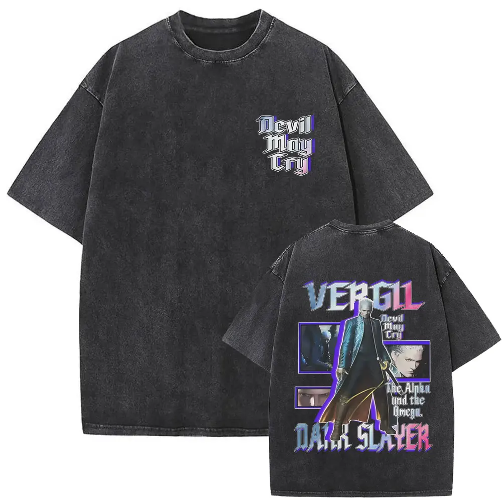 Washed Vintage Game Devil May Cry Vergil Double Sided Print T Shirt Men Women Gothic Oversized Short Sleeve T-shirt Streetwear