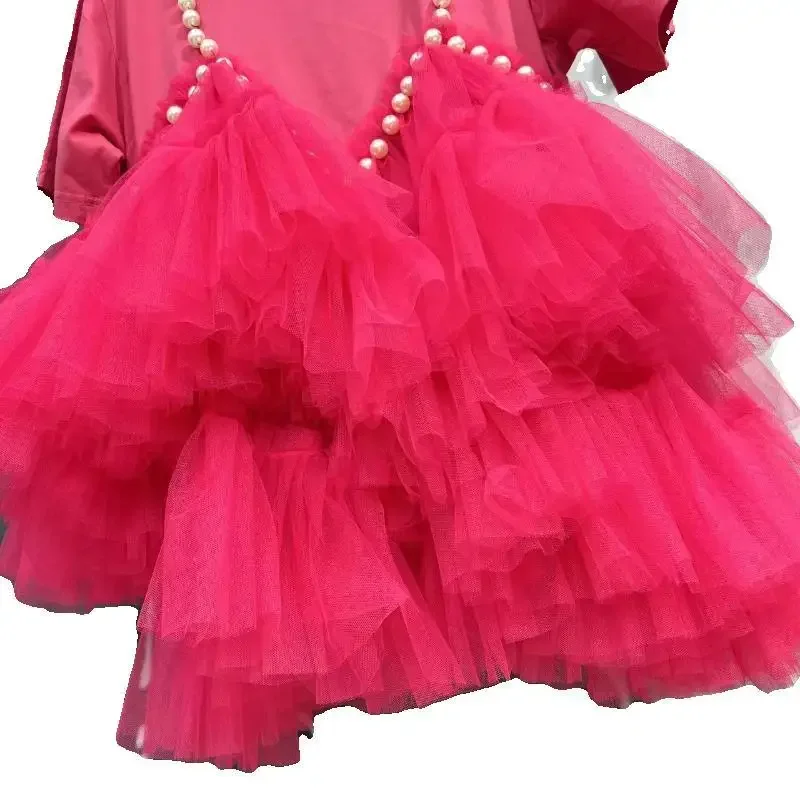 หรูหราตาข่าย Spliced Ruffles เสื้อยืดเพชรลูกปัดไม่สม่ําเสมอผ้าพันคอจีบไข่มุก Tees ปลอม 2pcs Camisole ชุด Vestidos