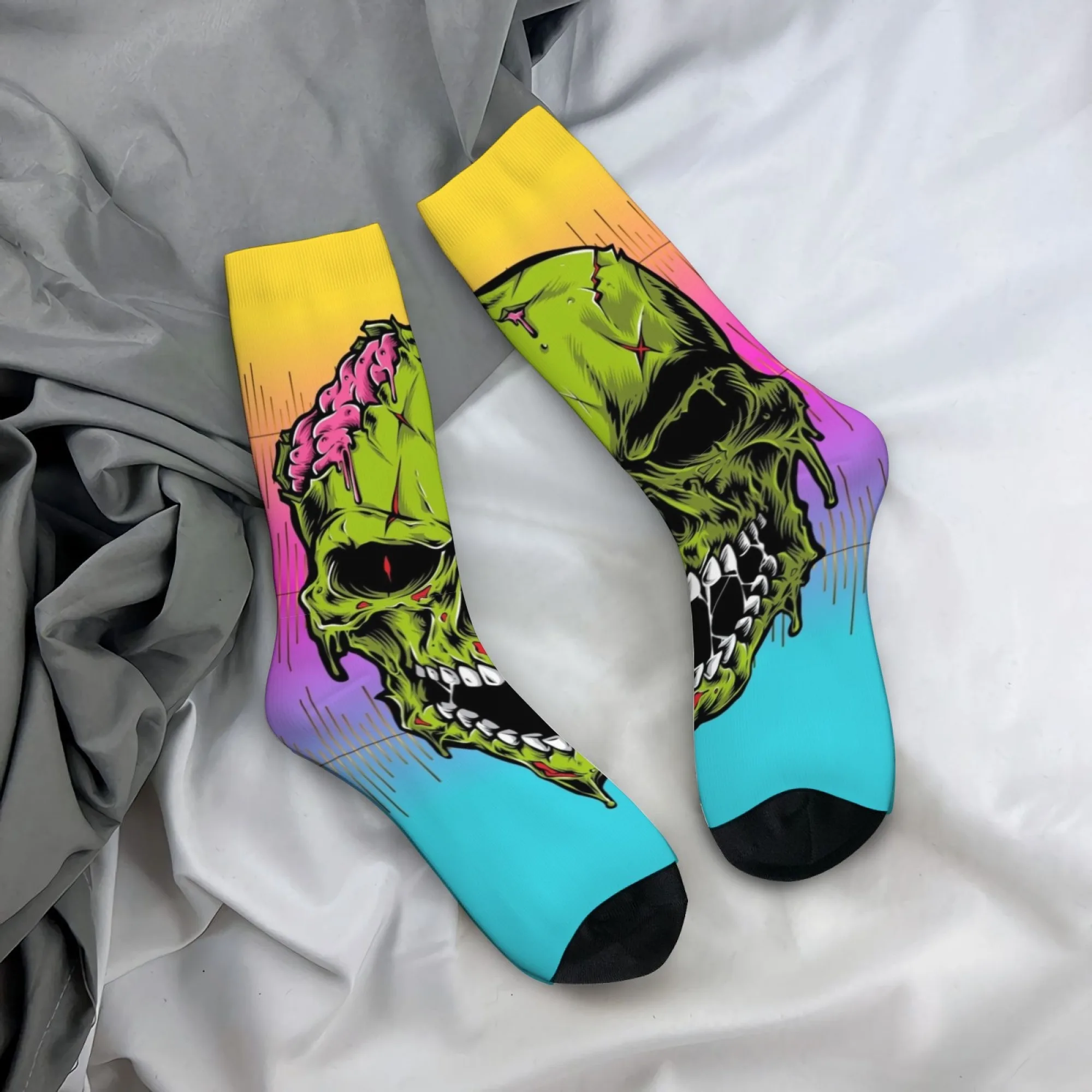 Neon Gradient Zombie Skull Socks Novelty Funny Men's Socks Harajuku Style Crazy Street Hip-Hop Socks Outdoor Casual Sports Socks