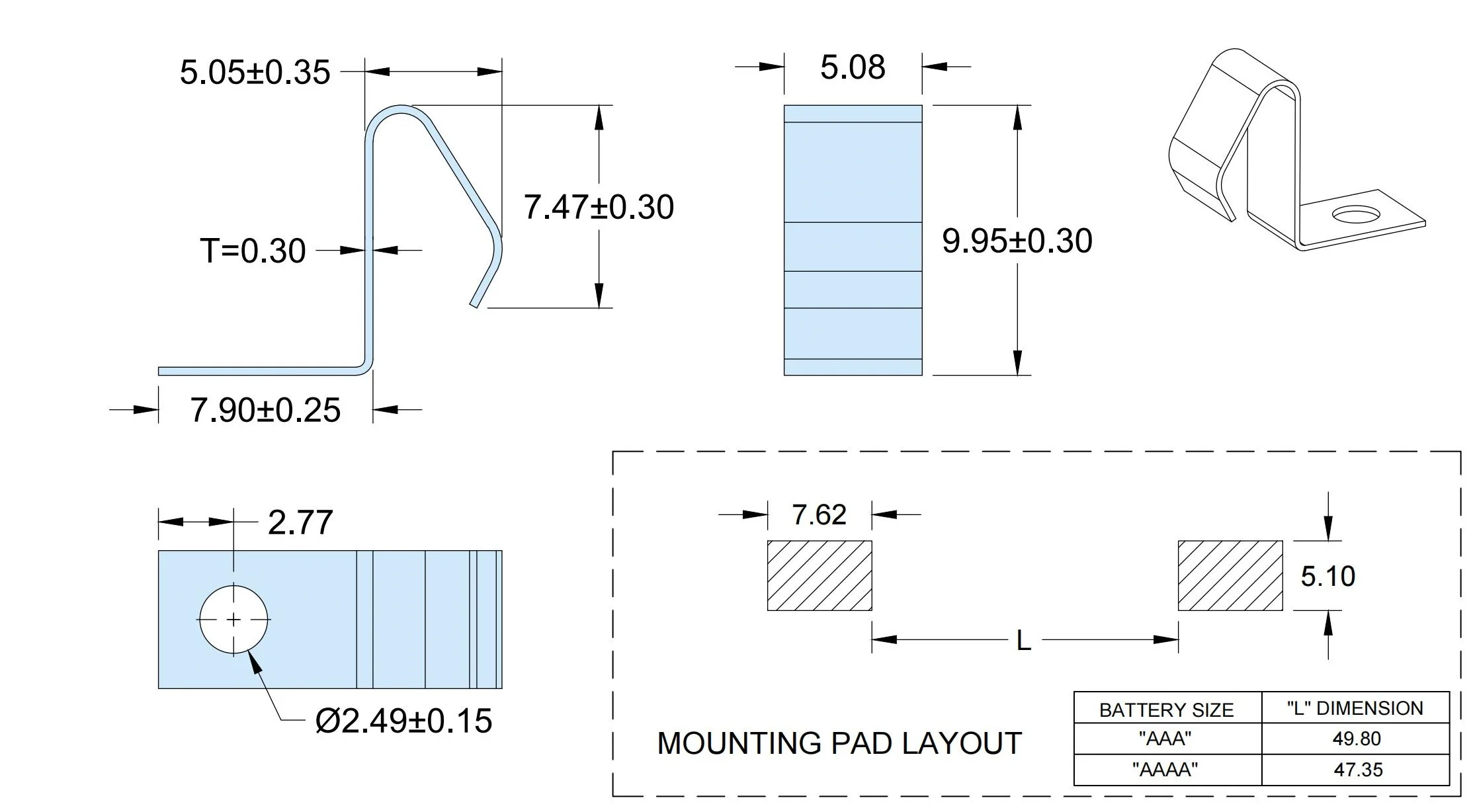 100pcs/lot 5230 SMT Leaf Spring Contact AAA, A23, A27 Battery Connector Battery Contact Spring