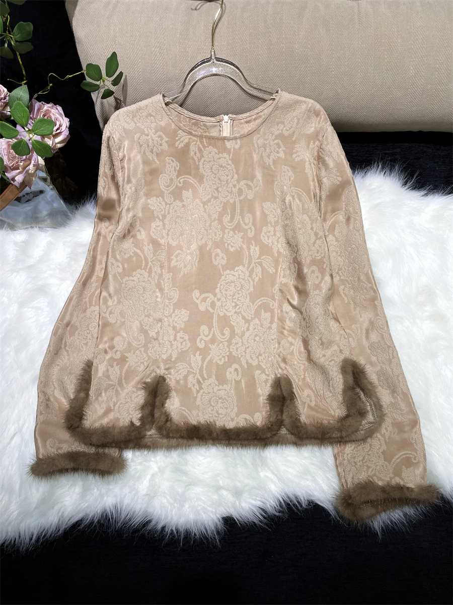 

New Chinese Sle National Water Fur Base irt Woolen Embroidered Peony Pattern Pet Fans Long Sve round Ne Top