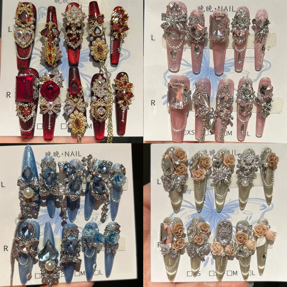 

Beautiful Luxury Rhinestone Handmade Long Coffin Stilettos Press On Nails Flower Metal Bowknot Butterfly Cat Eyes Fake Nails