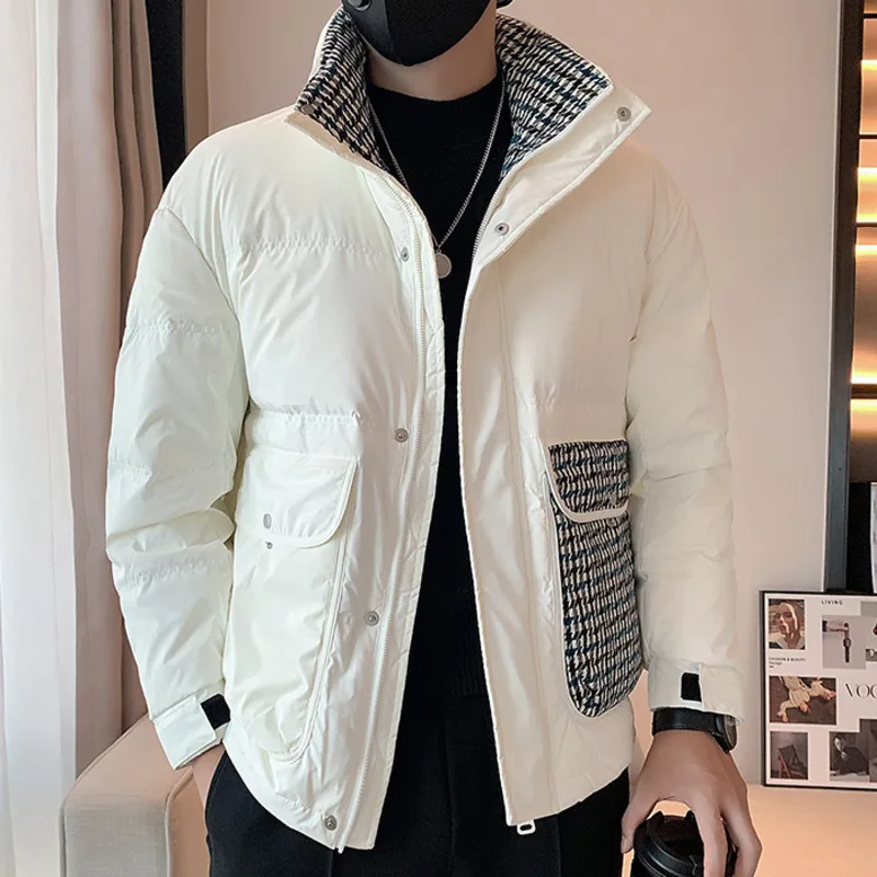 Stand Collar Houndstooth Stitching Duck Down Jacket Men Winter Fashion Thickened Business Coat Men Wear Duck Down Jacket Men