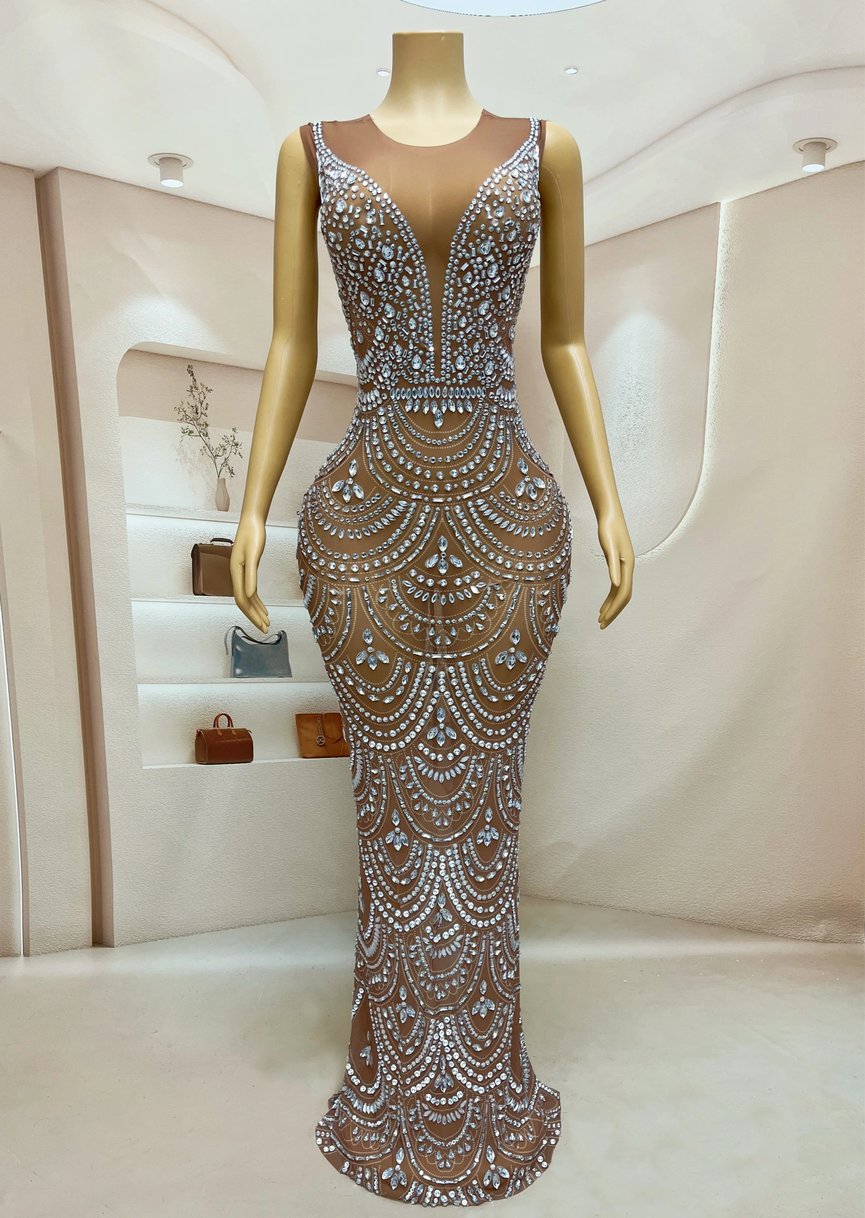 Luxury Silver Rhinestones Brown Mesh Dress Birthday Celebrate Transparent Sexy Dance Stretch Outfit Party Collections sanye