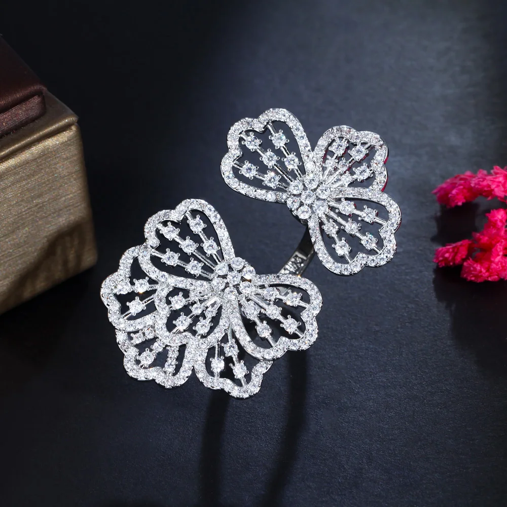 CWWZircons Shiny Zirkonia Einstellbare Lassen Blume Große Finger Ringe für Frauen Party Engagement Schmuck Zubehör R219 – Detail 9
