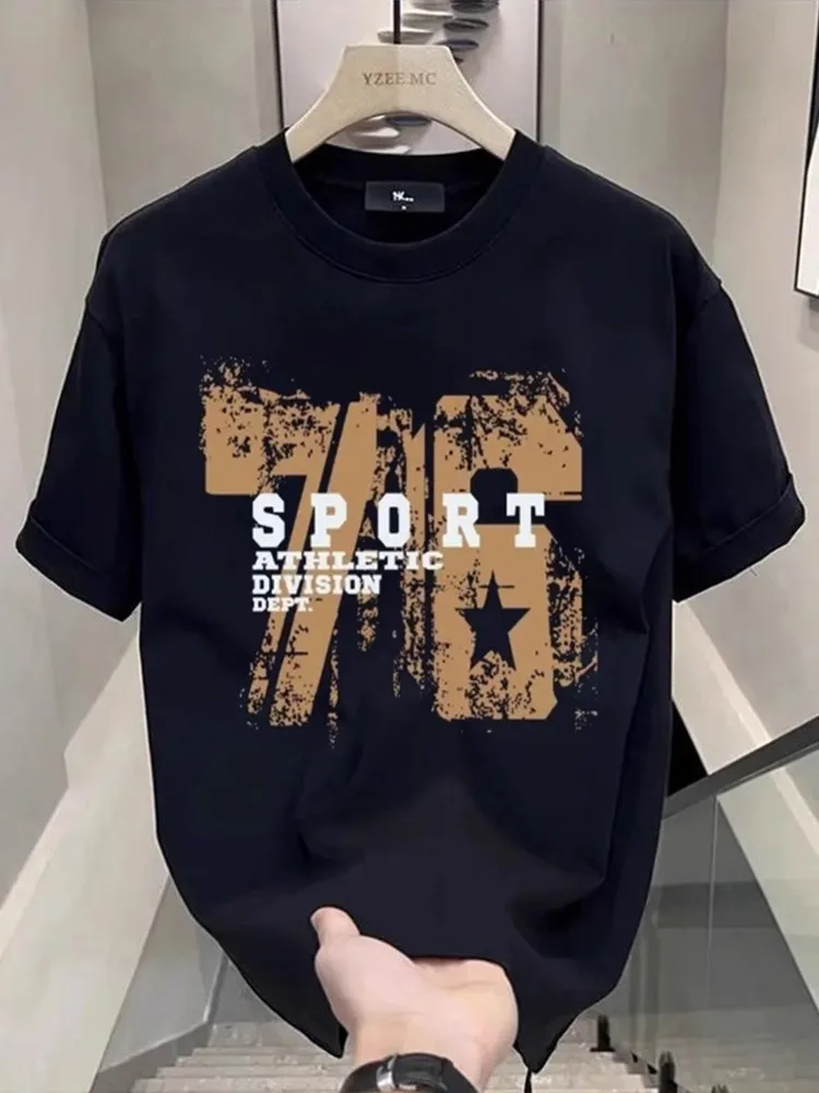 High-Quality Large Size American Trendy Brand Printed Short Sleeve Men's Summer Heavyweight Pure Cotton Loose Casual Half Sle...