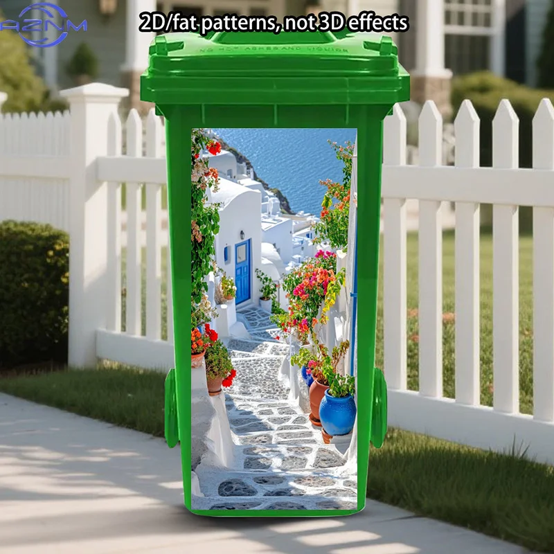 2D Flat 1pc Santorini Inspired Trash Can Stickers Art, Aegean Architecture Peel And Stick Stickers, Bright Blue Doors Self-Adh