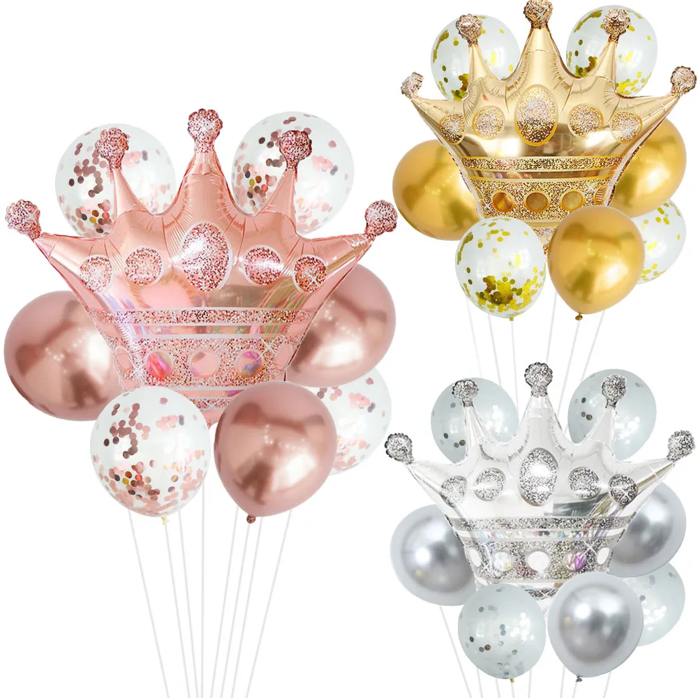 

8pcs Large Crown Helium Balloons Rose Gold Silver Chrome Metallic Confetti Latex Ballon Wedding Birthday Party Decoration Shower