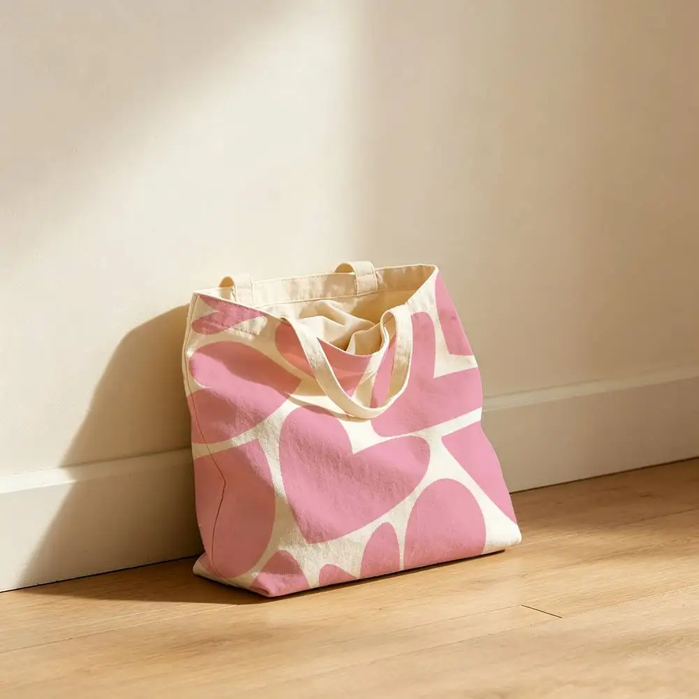 Pink Heart Pattern Waterproof Lining Canvas Tote Bag Large Capacity Reusable Shopping Bags Casual Student Daily Handbag