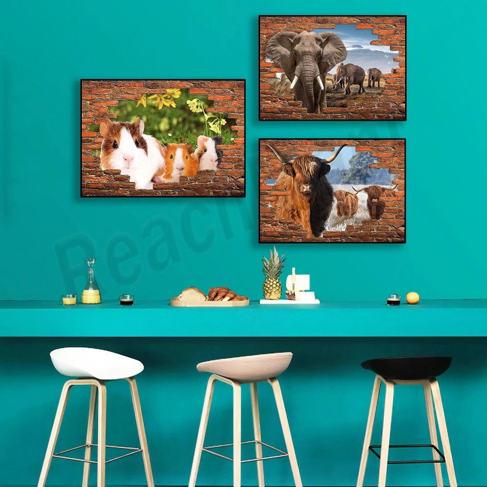 Guinea Pig, White Tiger, Elephant, Plateau Cattle, Cattle Wild Animal Poster, Animal Breaking Through Wall Effect Poster Print