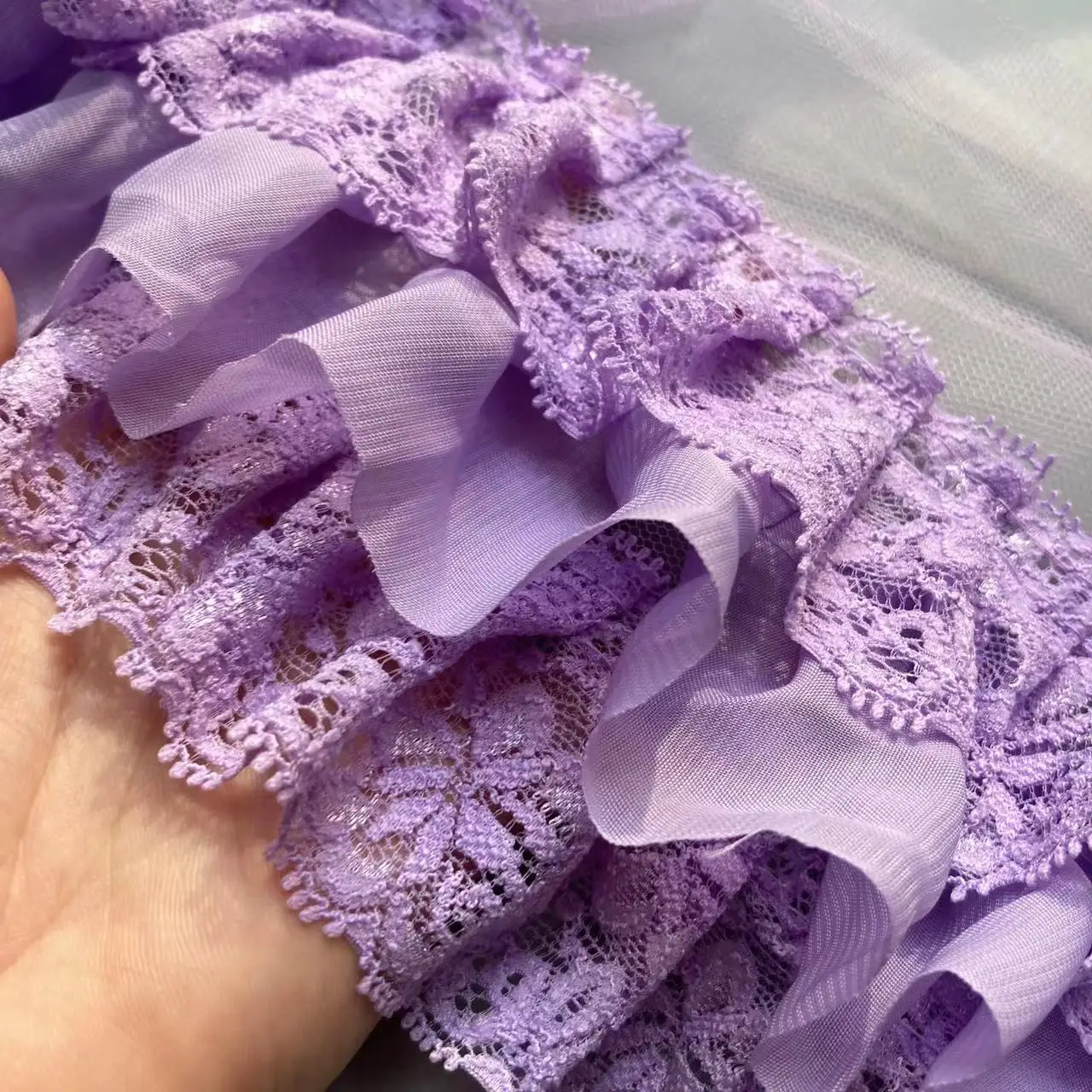 1 Yard Purple Three Layers Pleated Lace Trim Chiffon Fabric Embroidery Fringe Ribbon Collar Ruffle DIY Curtains Sewing Decor