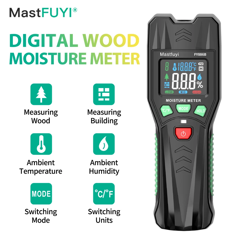 MASTFUYI FY886B Digital Wood Moisture Meter 0~60% Color LED Screen Building Wood Humidity Hygrometer Lumber Detector