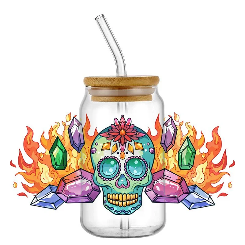 popular skull UV DTF Transfer Sticker Libbey 16oz Glass Cups Can Wraps Rub On Sticker Waterproof Bottle Sticker home decoration