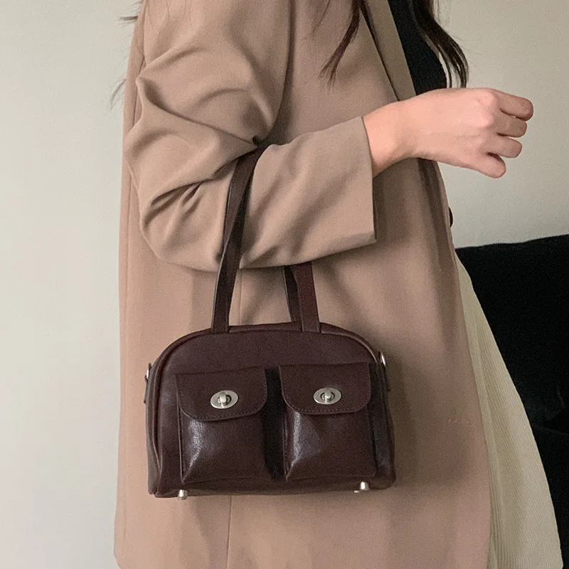 

Retro Top Layer Cowhide Menger Bag 2025 New mat Small Leather Double ket Boston Bag Crossbody Bag for Women