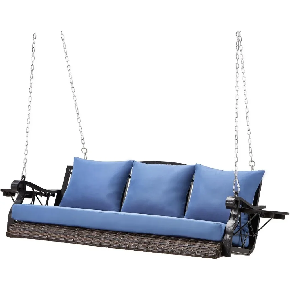 

900lb Heavy Duty Porch Swing - 3-Person Outdoor Rattan Lounge w/ Cup Holder & Steel Chains, Patio Hanging Bench"​​ ​​Optimizati