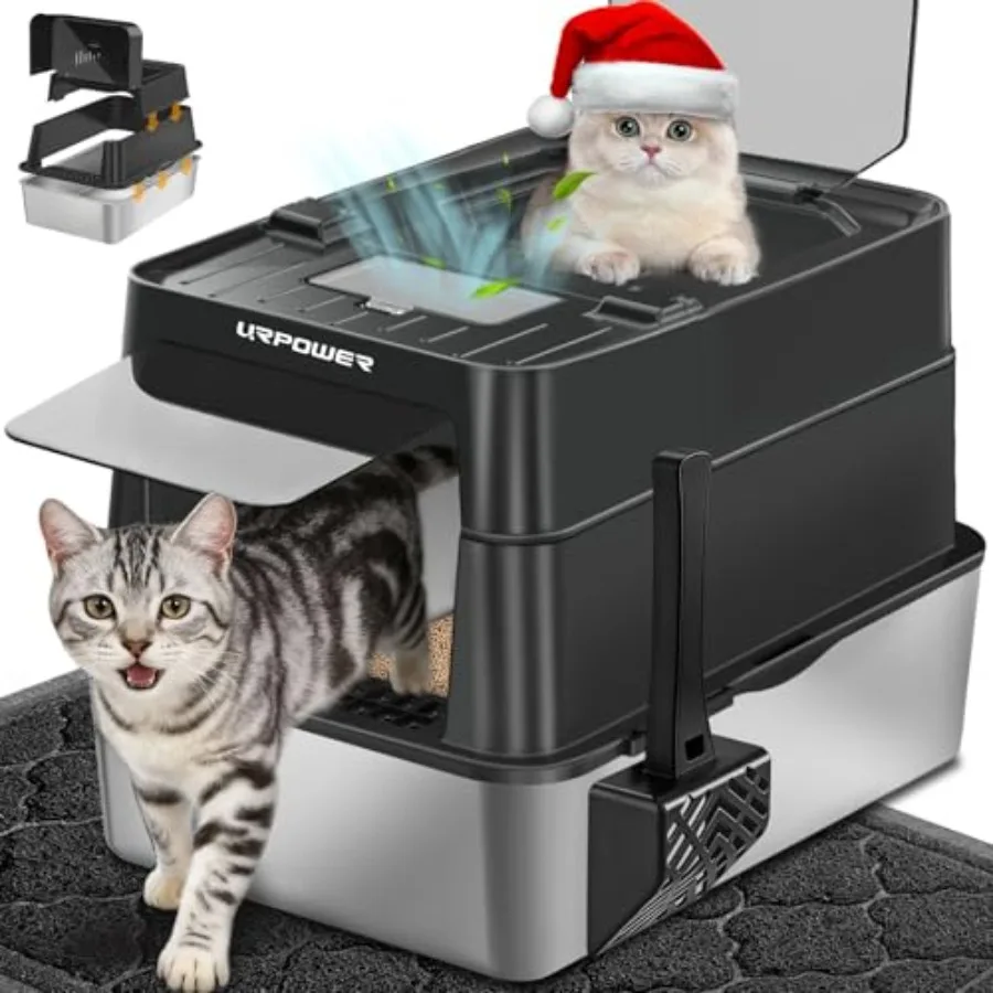 

Stainless Steel Cat Litter Box with Flip-Top Lid Extra Large Enclosed Litter Box Non-Sticky Metal Pan with High Sided and Scoop