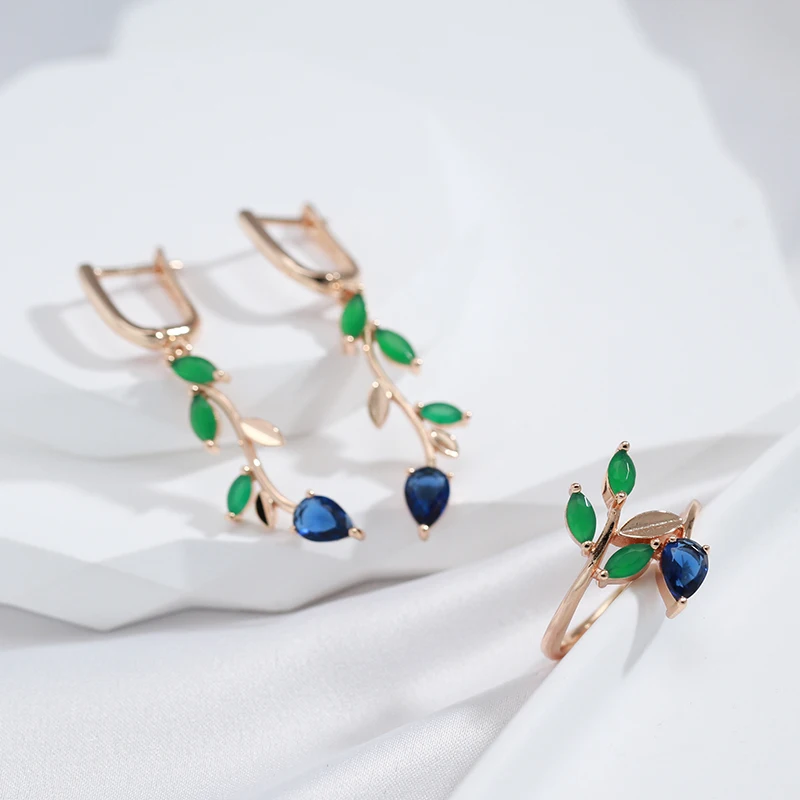 SYOUJYO Green Leaf Zircon Rings For Women Copper Fine Jewelry
