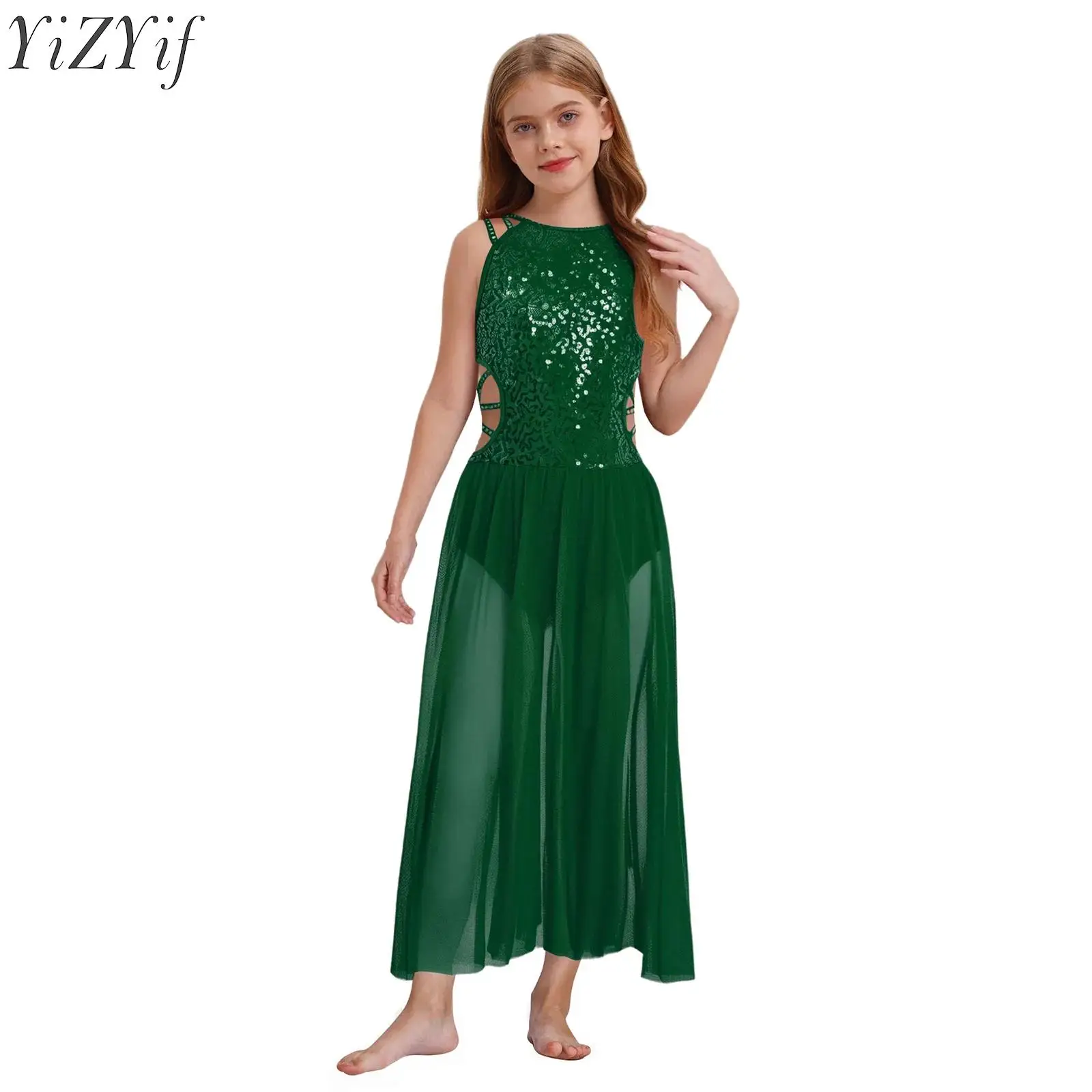

Kids Girls Ballet Gymnastics Leotard Dress Shiny Sequins Lyrical Modern Contemporary Dancewear Rhinestones Side Split Maxi Dress