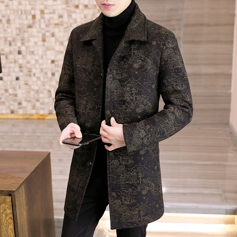 2024 Autumn And Winter New men's Printed Medium To Long Woolen Coat Korean Version Trendy Business Casual Coat British Style