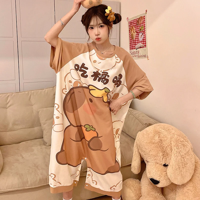 

Korean Women Pajamas Onesie Summer Cute Cartoon Capybara Fruit Print Sleepwear Home Dress Loose Comfortable Jumpsuit Nightwear