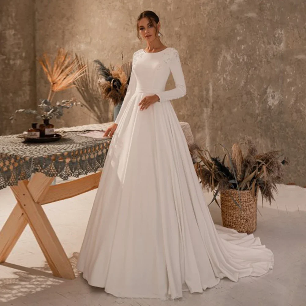 Flavinke Customized Elegant Wedding Dresses Round Neck Long Sleeves Beading Pearls Buttons A Line Sweep Train Vestidos De Novia