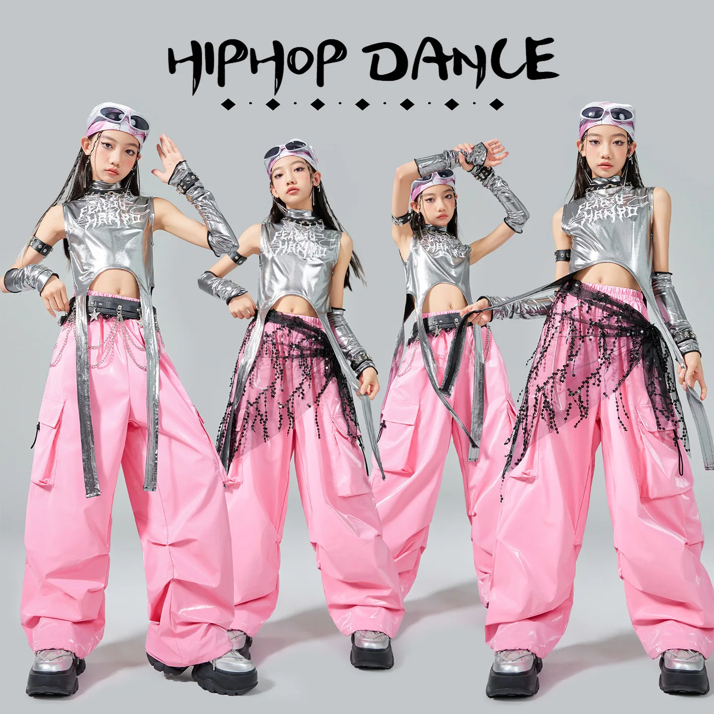 Girls K-pop Shiny Crop Tops Pink Cargo Pants Children Modern Jazz Streetwear Clothes Sets Kids Hip Hop Girl Group Costumes