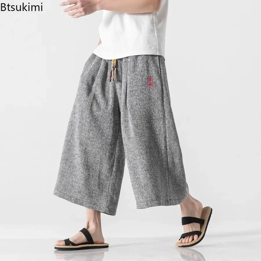 Men's Summer Chinese Style Wide Leg Pants Bath Pant Samurai Harajuku Casual Loose Capri Pants Yukata Wide Leg Trousers for Men