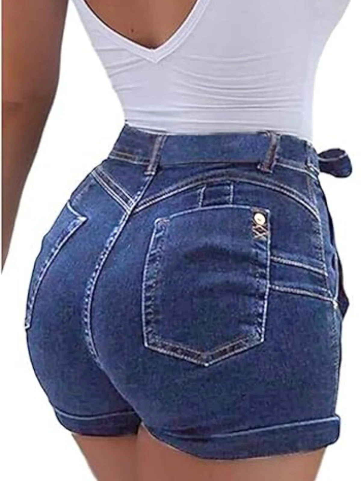 Vintage High Waist Pockets Denim Shorts Classic Washed Stretchy Folded Hem Pants Women Lace-Up Belt Summer Sexy Jeans Shorts