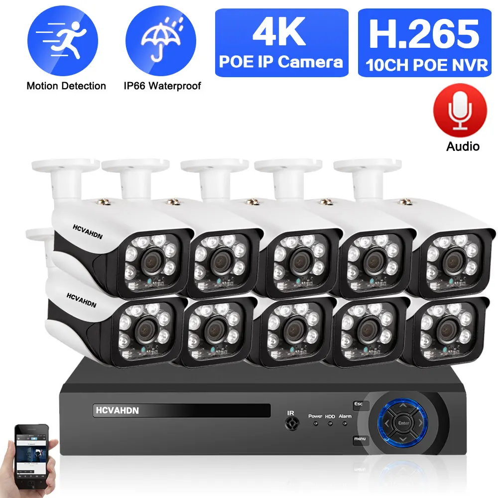 CCTV Camera Security System Kit 4K 8MP 8CH POE NVR Kit H.265 Audio Outdoor CCTV Video Surveillance IP Bullet Camera Set 10CH 4CH