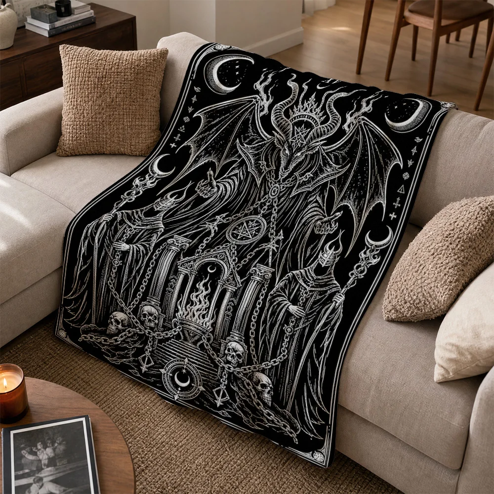 Oversized Gothic Skull Dragon Throw Blanket Black White Occult Print Couch Throw Tapestry Dark Academia Halloween Witchy Decor M