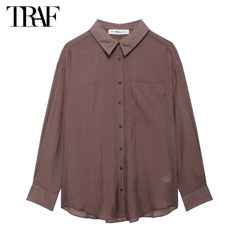 TRAF Oversized Shirts and Blouses for Women Summer Button up Shirt Women Semi Sheer Tops Woman 2024 Long Sleeve Casual Shirts