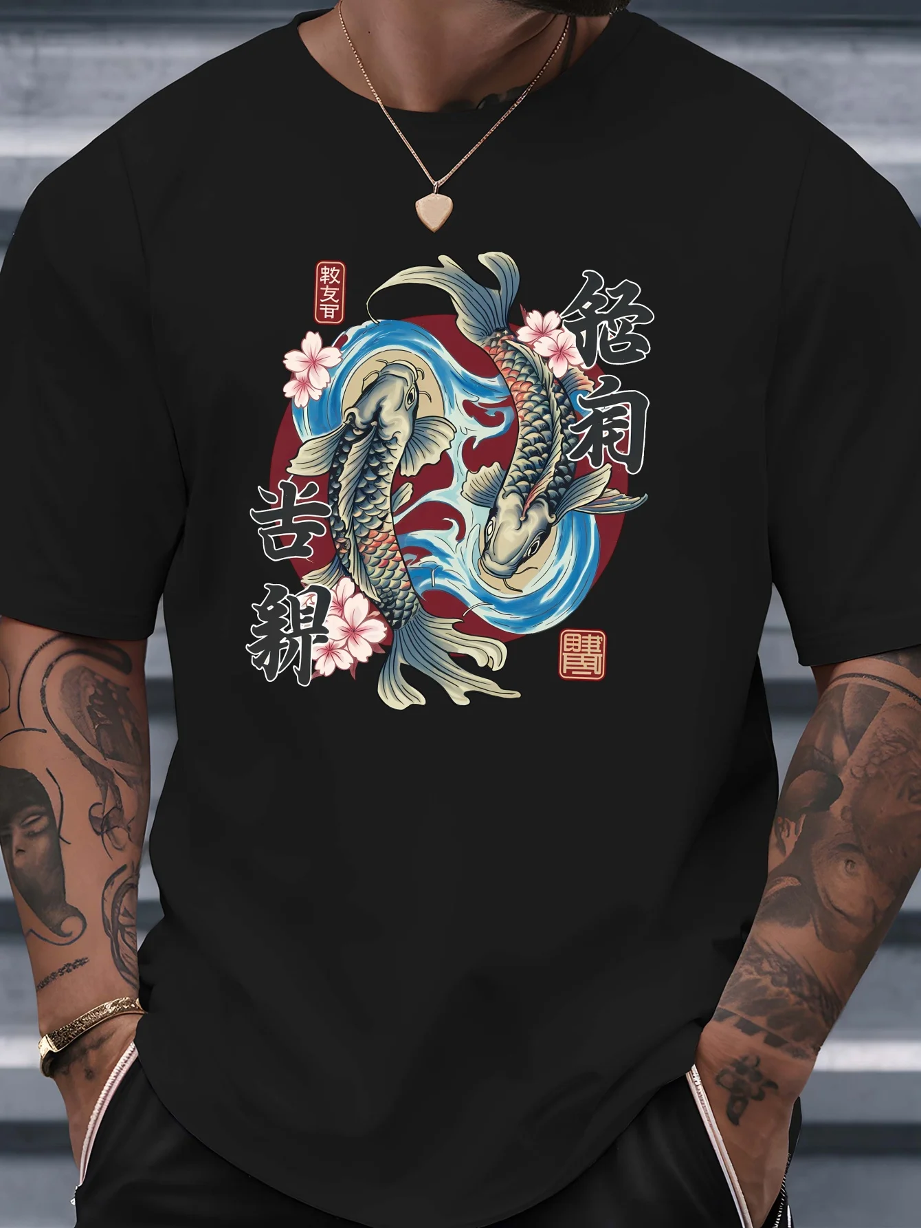 Oriental Lucky Koi Carp Cherry Blossom Print Mens T Shirt Japanese Art Short Sleeve Crew Neck Cotton Tee Casual Daily Top