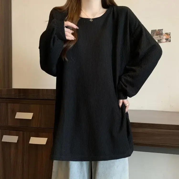 Korean Version Lazy Style Warm Split Long Sleeved T-shirt for Women in Autumn and Winter Loose and Slim Mid Length Top Clothes