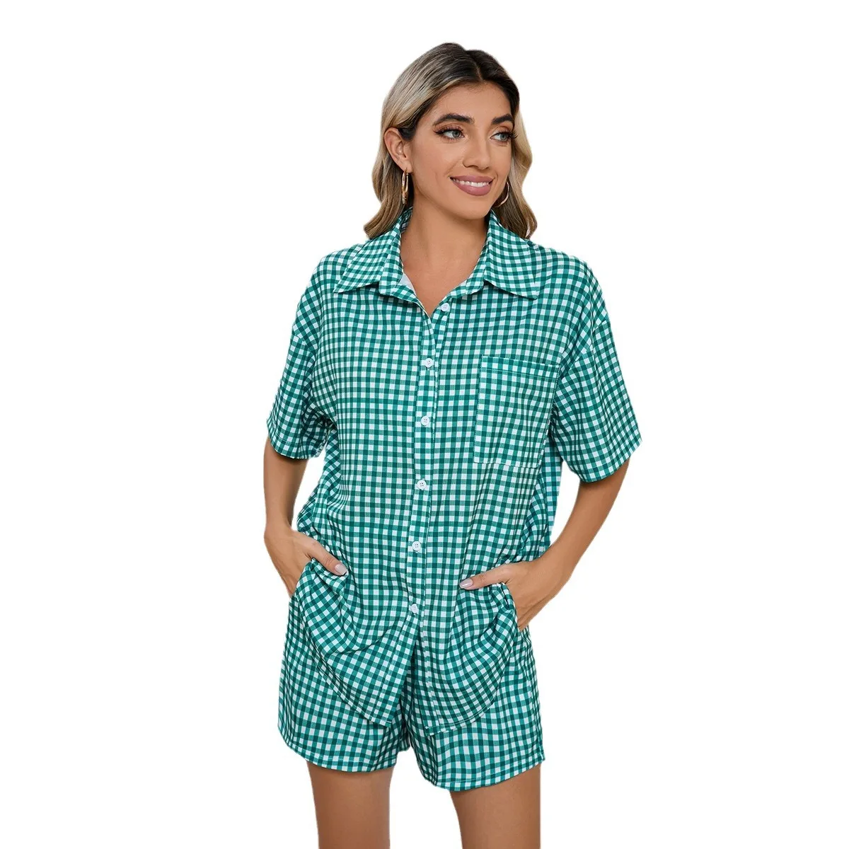 Red Plaid Print Women's Pajamas Sets Single Breasted Drawstring Sleepwear Turn-Down Collar Home Suit Set Woman 2 Pieces Summer