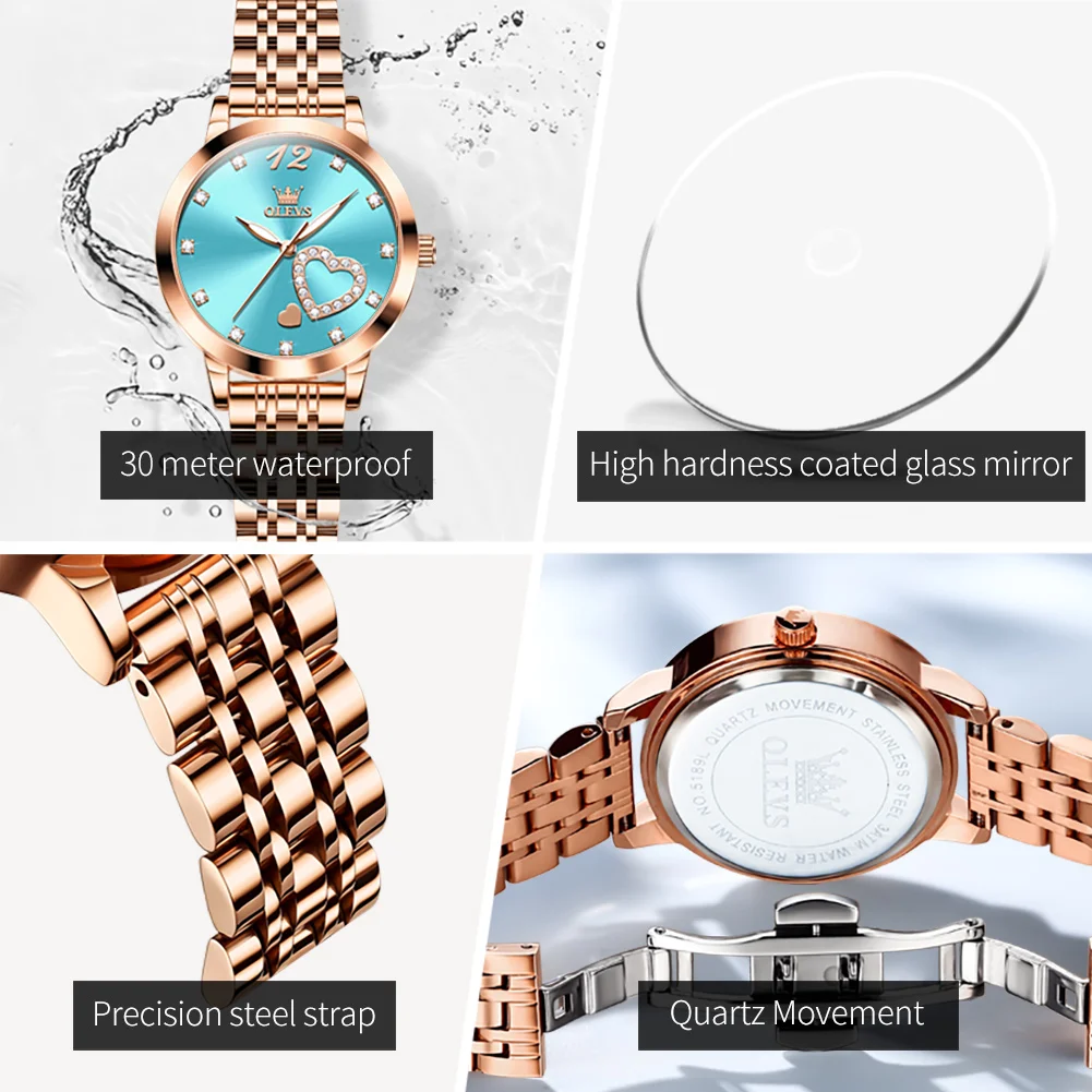 OLEVS 5189 Quartz Watch Women Top Brand Luxury Elegant Rose Gold Loving Heart Design Stainless Steel Waterproof Wristwatch Gifts