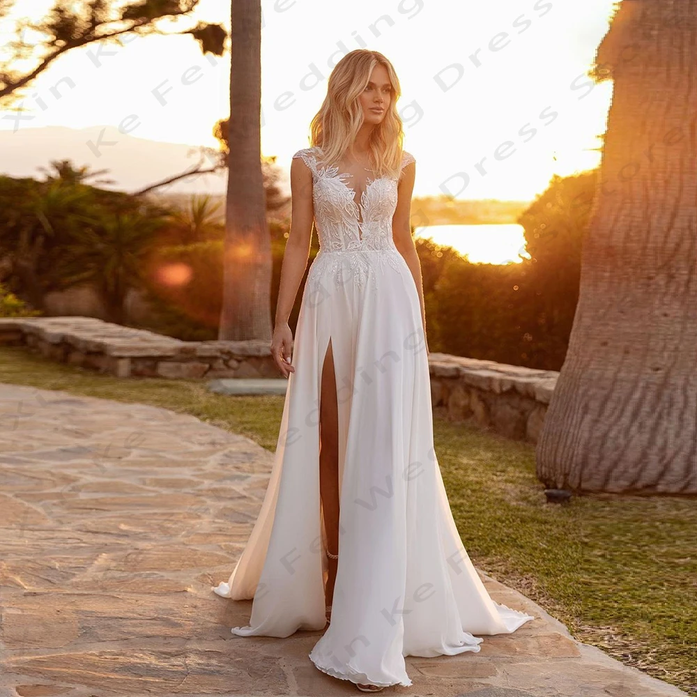 2024 Women's Elegant Round Neck Bridal Gowns Lace Sticker Sexy Side Split Princess Bohemian Wedding Dresses Formal Party Robe De