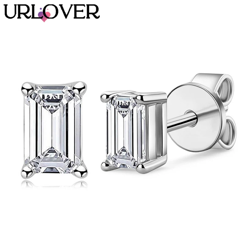 

URLOVER D VVS1 Rectangular Cut Moissanite Earring 925 Sterling Sliver Plated with 18k White Gold Earrings for Women Fine Jewelry