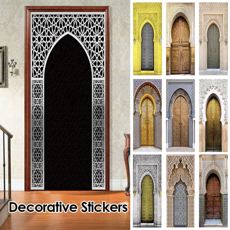 Muslim Arabic Door Stickers Allahu Islamic Wallpaper Bedroom Bathroom Sliding Door Wall Stickers Living Room Door Decor Decals