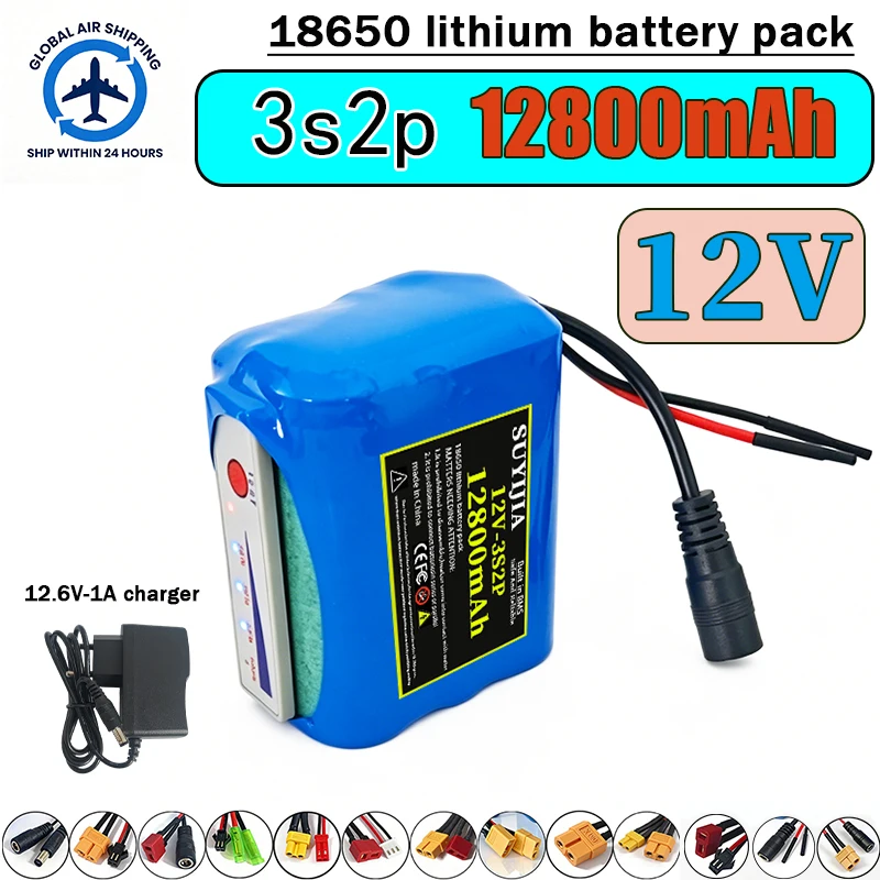 12V-3S2P 18650 wiederaufladbarer Lithium-Akku mit 12800 mAh, LED-Leistungsanzeige und integriertem BMS-Systemschutzboard