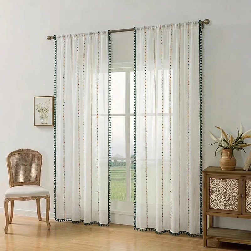 1 Pieza de Cortina de Tul Verde Oscuro Fresco con Flecos, Filtra la Luz pero No es Transparente, Adecuada para Dormitorio, Sala de Estar, Balcón, Cortina Semiopaca, Cortina de Tul Decorativa Estilo Pastoral, Apta para Varios Tipos de Habitaciones, Lavable, Material de Poliéster, con Bolsillo para Barra, Suave y Duradera
