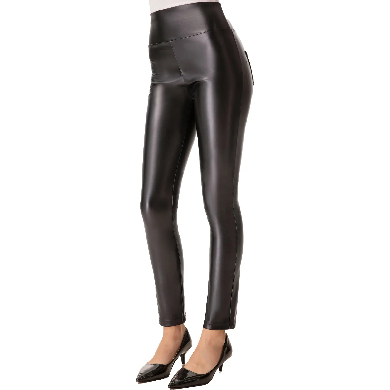 

Матовые брюки-скинни из искусственной кожи с высокой талией - утягивающие брюки с эффектом подтяжки ягодиц и карманами для любого сезона