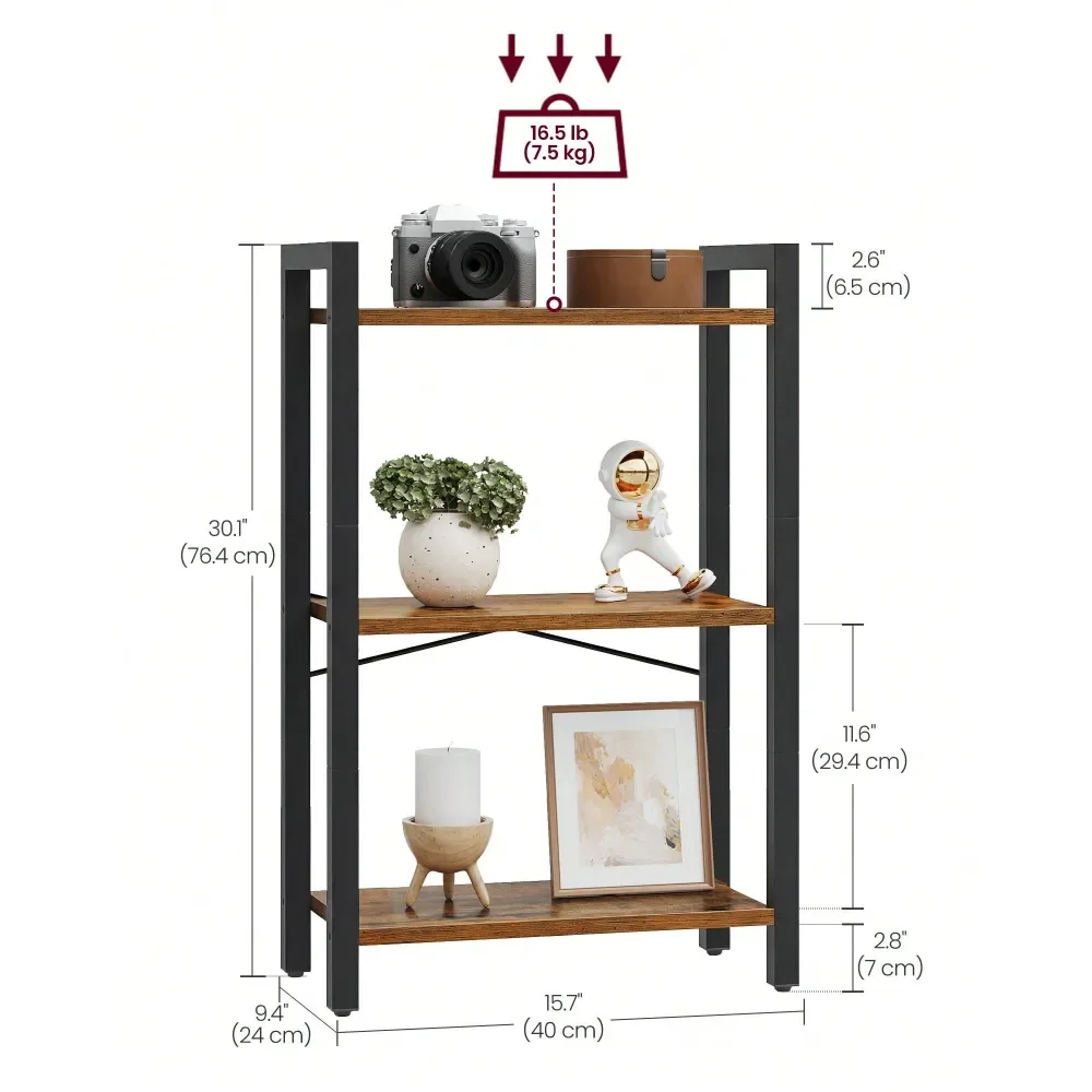 3Tier Bookshelf, Bookcase With Steel Frame, Book Shelf For Living Room, Home Office, Study, 9.4 X 15.7 X 30.1 Inches, Industria